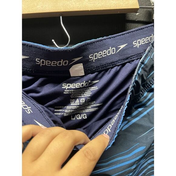 Speedo Men's Swim Trunks Shorts Sz L Blue Lined Pockets Beach Surf Bathing Suit - Picture 2 of 5
